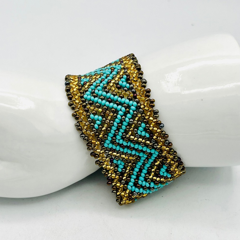 Seed Bead Beaded Cuff Bracelet Turquoise Gold Geometric Chevron Magnetic 8 Inch